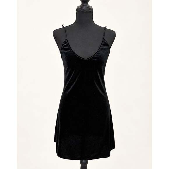 Brandy Melville Dresses & Skirts - Brandy Melville Black Velvet V-Neck Mini Slip Dress Knotted Straps One Size Y2K